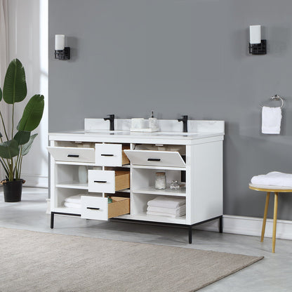 Kesia 60" Double Bathroom Vanity Set in White with Aosta White Engineered Stone Countertop without Mirror