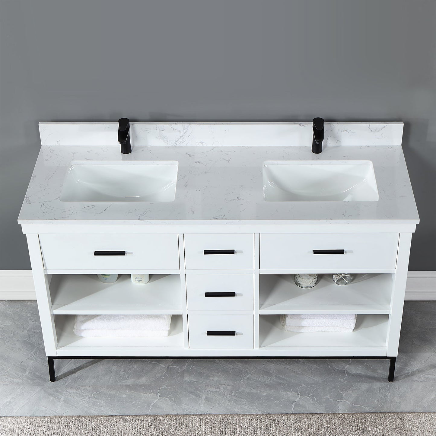 Kesia 60" Double Bathroom Vanity Set in White with Aosta White Engineered Stone Countertop without Mirror
