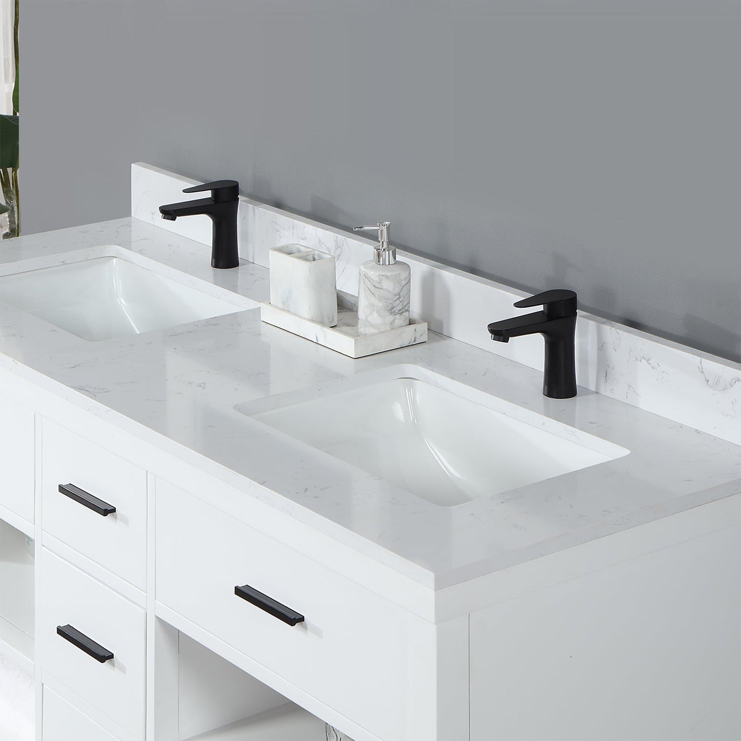 Kesia 60" Double Bathroom Vanity Set in White with Aosta White Engineered Stone Countertop without Mirror