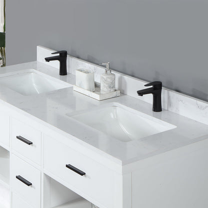 Kesia 60" Double Bathroom Vanity Set in White with Aosta White Engineered Stone Countertop without Mirror
