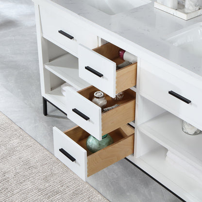 Kesia 60" Double Bathroom Vanity Set in White with Aosta White Engineered Stone Countertop without Mirror