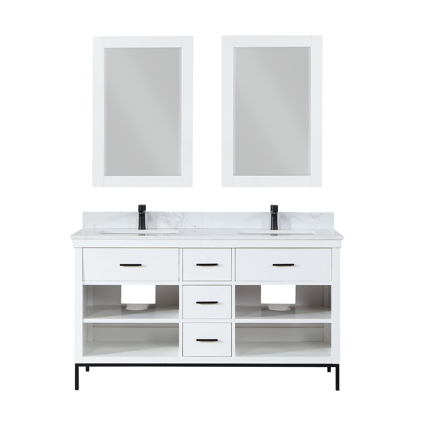 Kesia 60" Double Bathroom Vanity Set in White with Aosta White Engineered Stone Countertop with Mirror