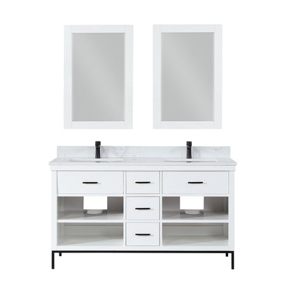 Kesia 60" Double Bathroom Vanity Set in White with Aosta White Engineered Stone Countertop with Mirror