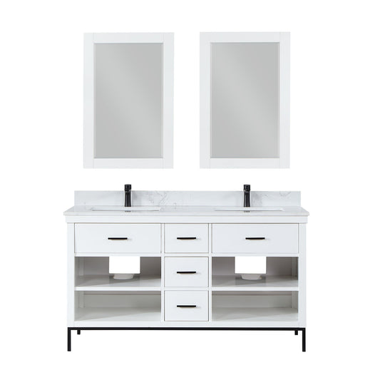 Kesia 60" Double Bathroom Vanity Set in White with Aosta White Engineered Stone Countertop with Mirror