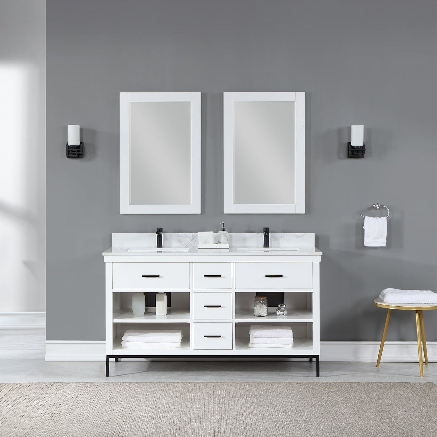 Kesia 60" Double Bathroom Vanity Set in White with Aosta White Engineered Stone Countertop with Mirror