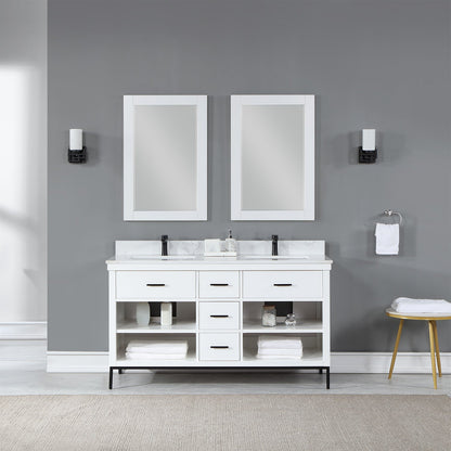 Kesia 60" Double Bathroom Vanity Set in White with Aosta White Engineered Stone Countertop with Mirror
