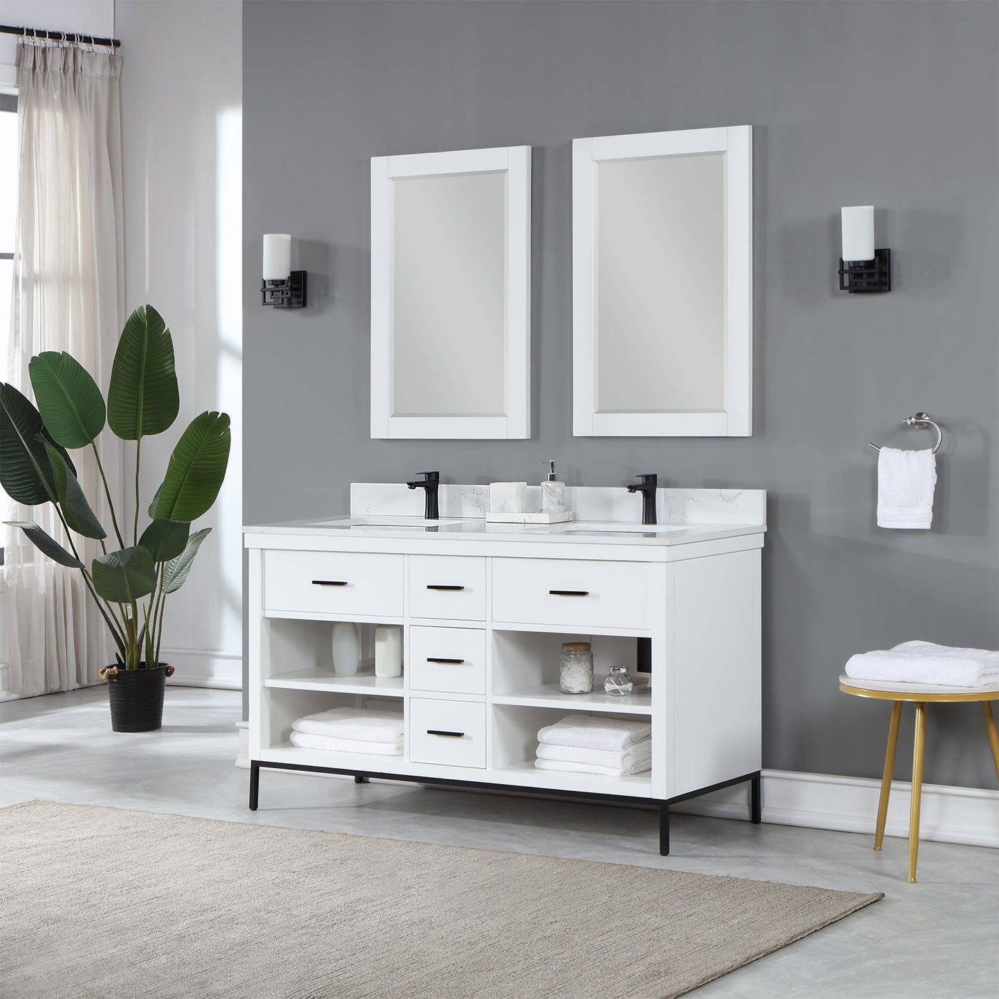 Kesia 60" Double Bathroom Vanity Set in White with Aosta White Engineered Stone Countertop with Mirror