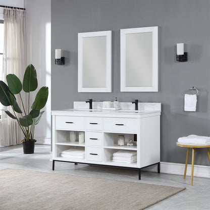 Kesia 60" Double Bathroom Vanity Set in White with Aosta White Engineered Stone Countertop with Mirror