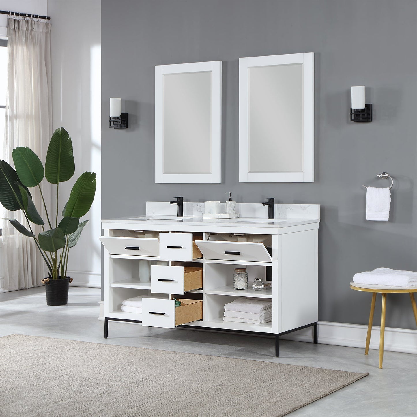 Kesia 60" Double Bathroom Vanity Set in White with Aosta White Engineered Stone Countertop with Mirror