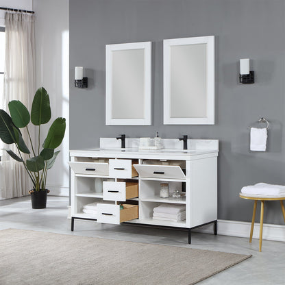 Kesia 60" Double Bathroom Vanity Set in White with Aosta White Engineered Stone Countertop with Mirror