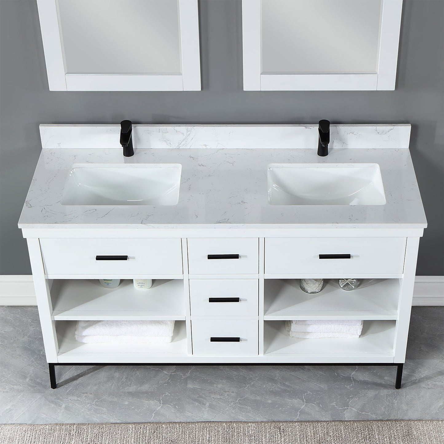 Kesia 60" Double Bathroom Vanity Set in White with Aosta White Engineered Stone Countertop with Mirror