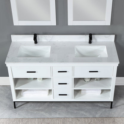 Kesia 60" Double Bathroom Vanity Set in White with Aosta White Engineered Stone Countertop with Mirror