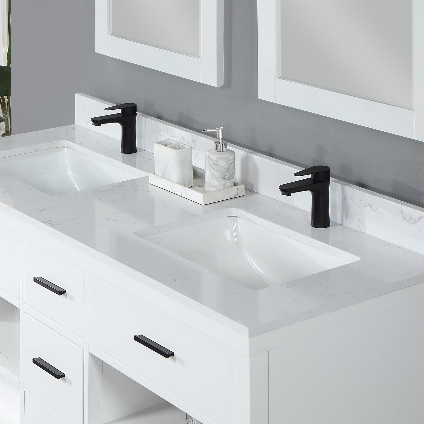 Kesia 60" Double Bathroom Vanity Set in White with Aosta White Engineered Stone Countertop with Mirror