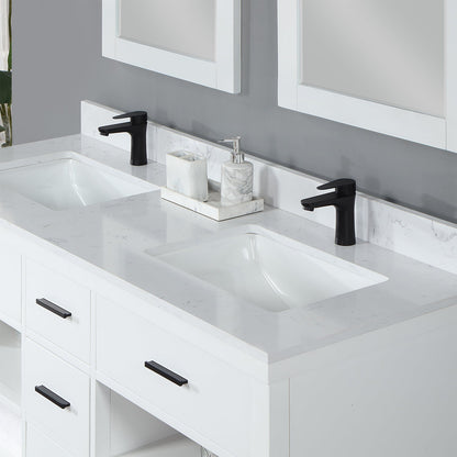 Kesia 60" Double Bathroom Vanity Set in White with Aosta White Engineered Stone Countertop with Mirror