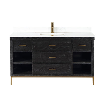 Kesia 60" Single Bathroom Vanity Set in Black Oak with Aosta White Engineered Stone Countertop without Mirror