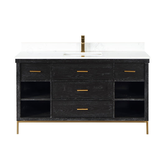 Kesia 60" Single Bathroom Vanity Set in Black Oak with Aosta White Engineered Stone Countertop without Mirror