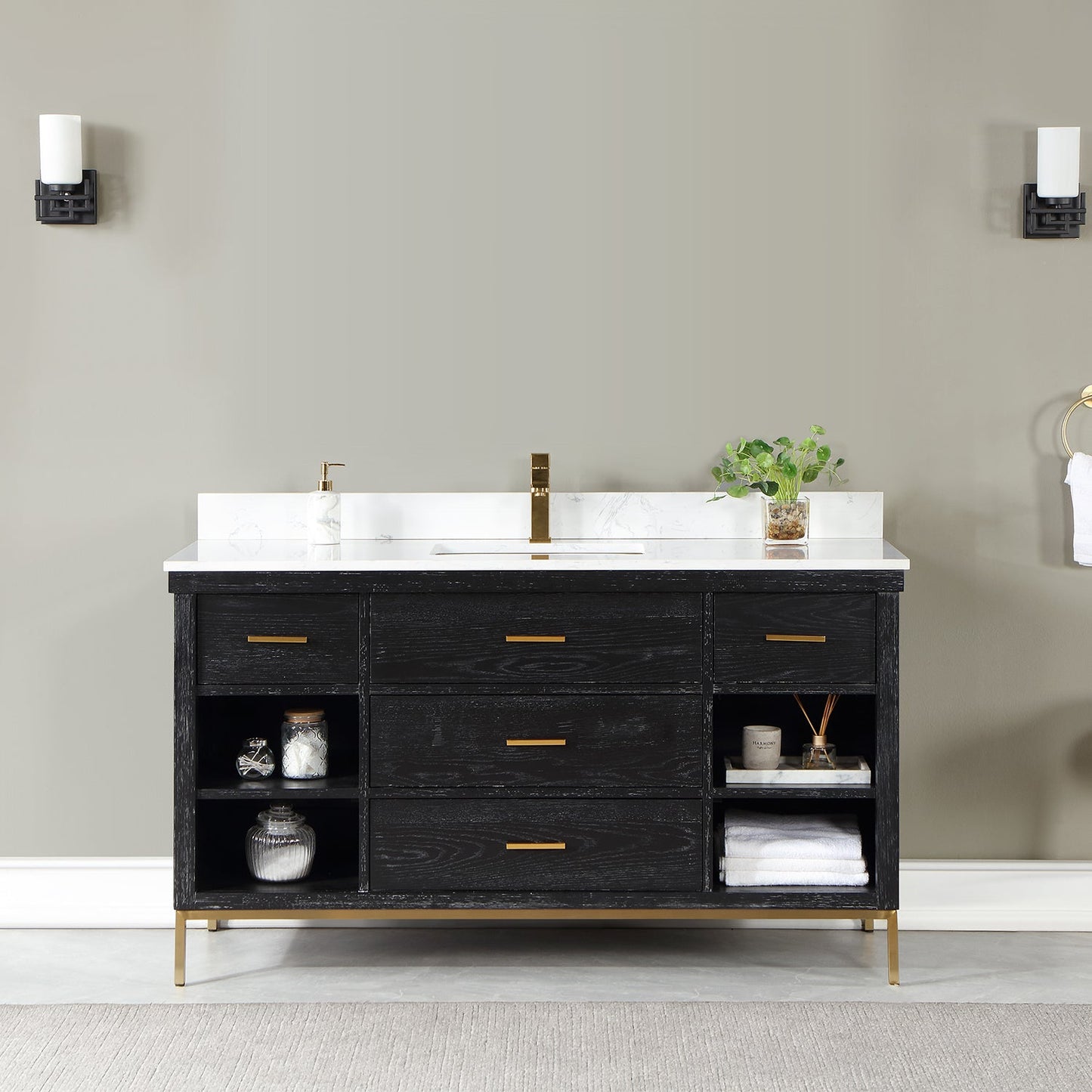 Kesia 60" Single Bathroom Vanity Set in Black Oak with Aosta White Engineered Stone Countertop without Mirror