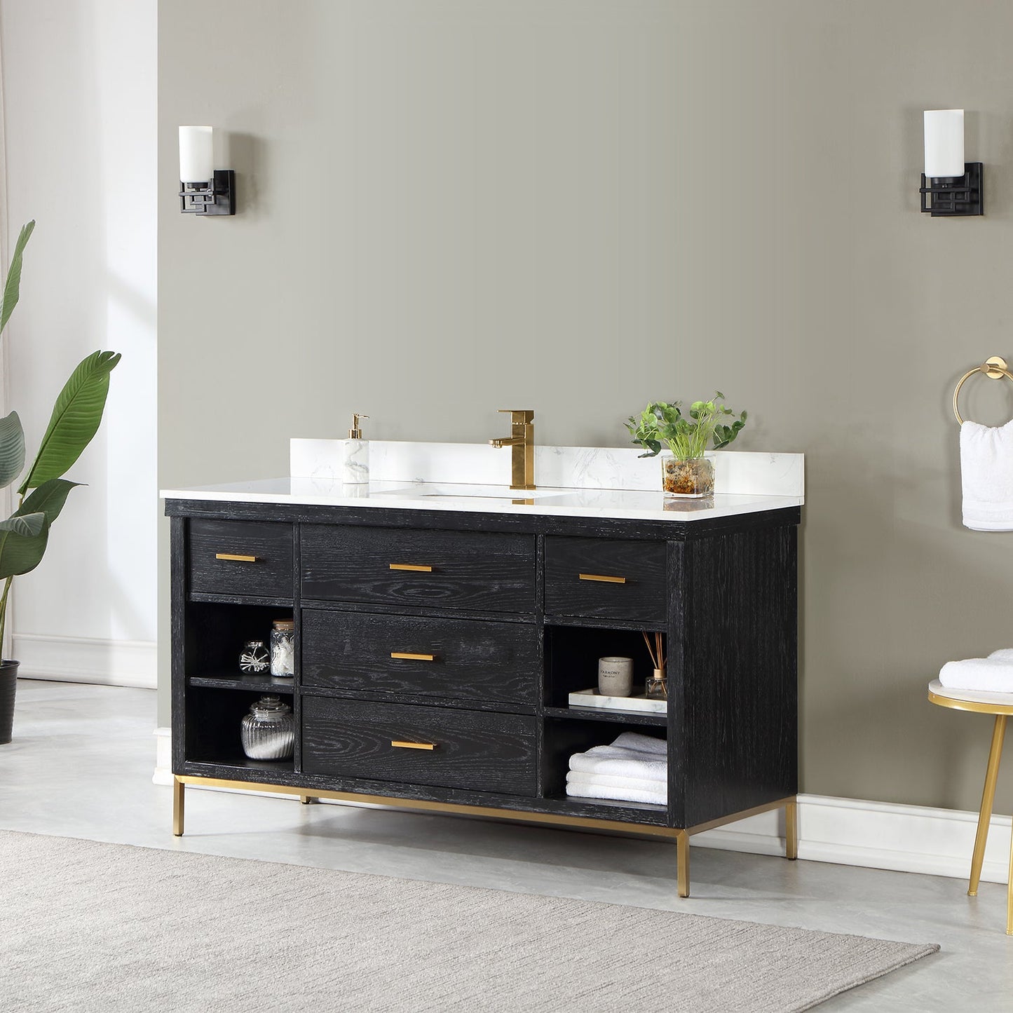 Kesia 60" Single Bathroom Vanity Set in Black Oak with Aosta White Engineered Stone Countertop without Mirror