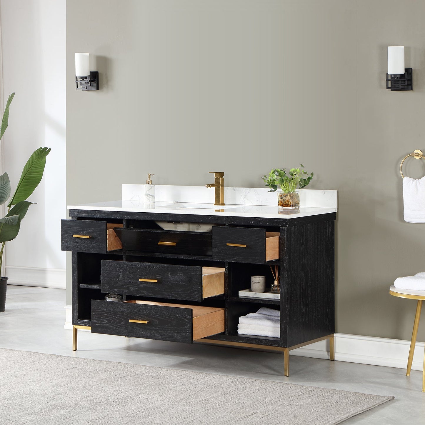 Kesia 60" Single Bathroom Vanity Set in Black Oak with Aosta White Engineered Stone Countertop without Mirror
