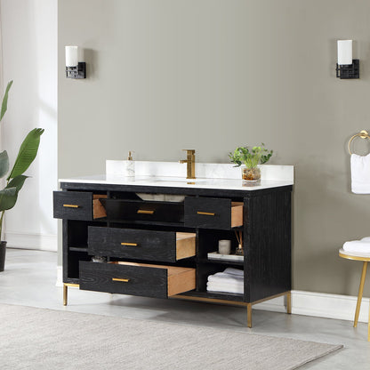 Kesia 60" Single Bathroom Vanity Set in Black Oak with Aosta White Engineered Stone Countertop without Mirror