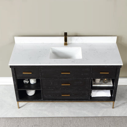 Kesia 60" Single Bathroom Vanity Set in Black Oak with Aosta White Engineered Stone Countertop without Mirror