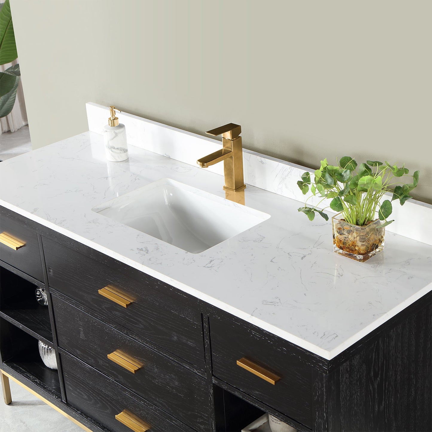 Kesia 60" Single Bathroom Vanity Set in Black Oak with Aosta White Engineered Stone Countertop without Mirror