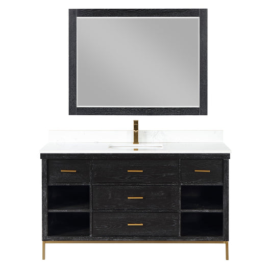 Kesia 60" Single Bathroom Vanity Set in Black Oak with Aosta White Engineered Stone Countertop with Mirror
