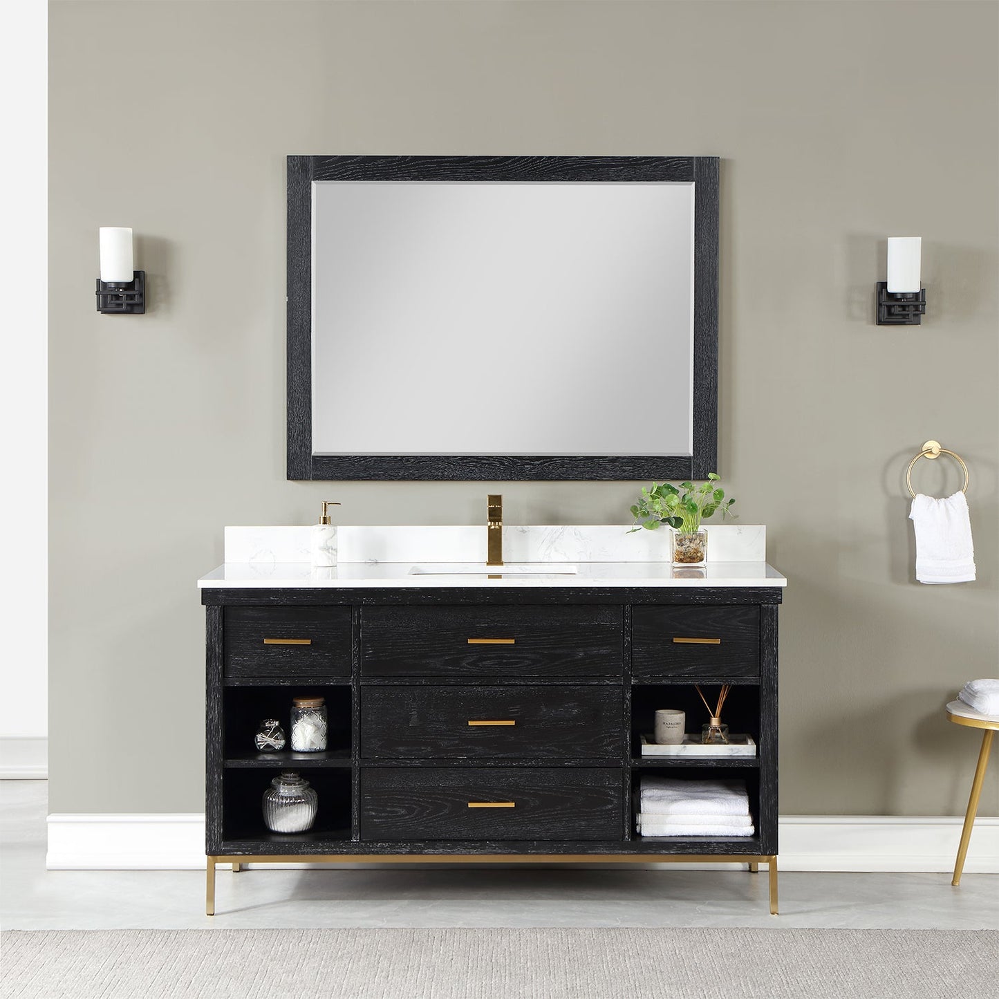 Kesia 60" Single Bathroom Vanity Set in Black Oak with Aosta White Engineered Stone Countertop with Mirror