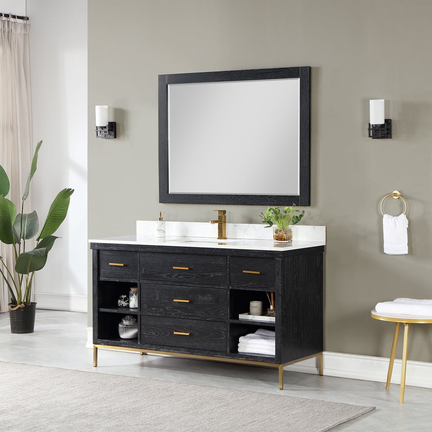 Kesia 60" Single Bathroom Vanity Set in Black Oak with Aosta White Engineered Stone Countertop with Mirror