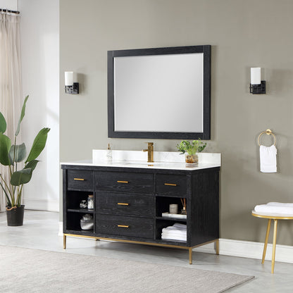 Kesia 60" Single Bathroom Vanity Set in Black Oak with Aosta White Engineered Stone Countertop with Mirror