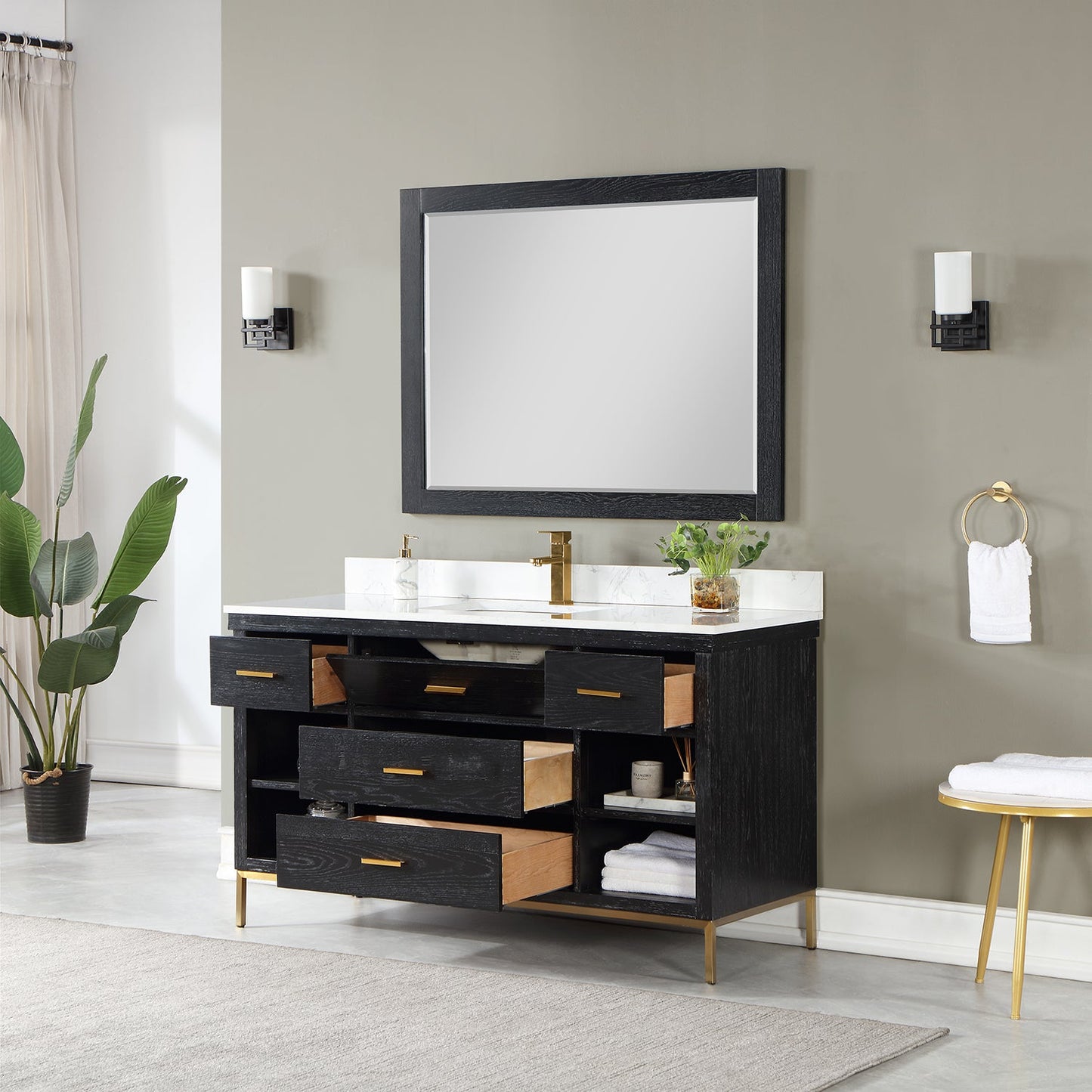 Kesia 60" Single Bathroom Vanity Set in Black Oak with Aosta White Engineered Stone Countertop with Mirror
