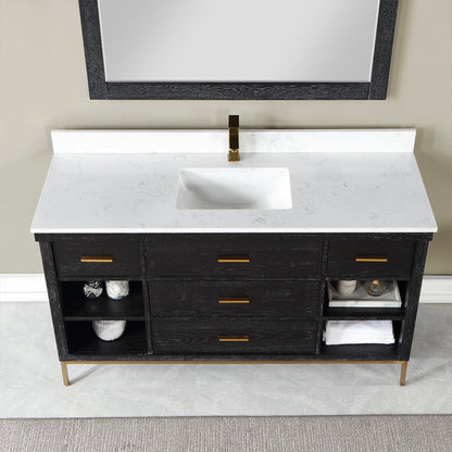 Kesia 60" Single Bathroom Vanity Set in Black Oak with Aosta White Engineered Stone Countertop with Mirror