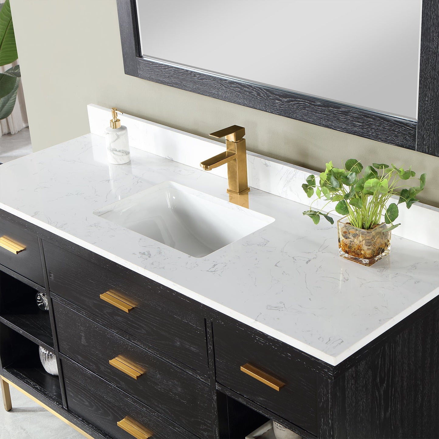 Kesia 60" Single Bathroom Vanity Set in Black Oak with Aosta White Engineered Stone Countertop with Mirror