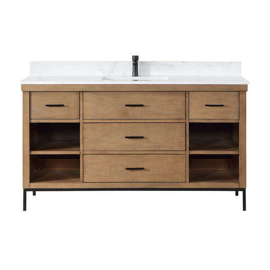 Kesia 60" Single Bathroom Vanity Set in Brown Pine with Aosta White Engineered Stone Countertop without Mirror