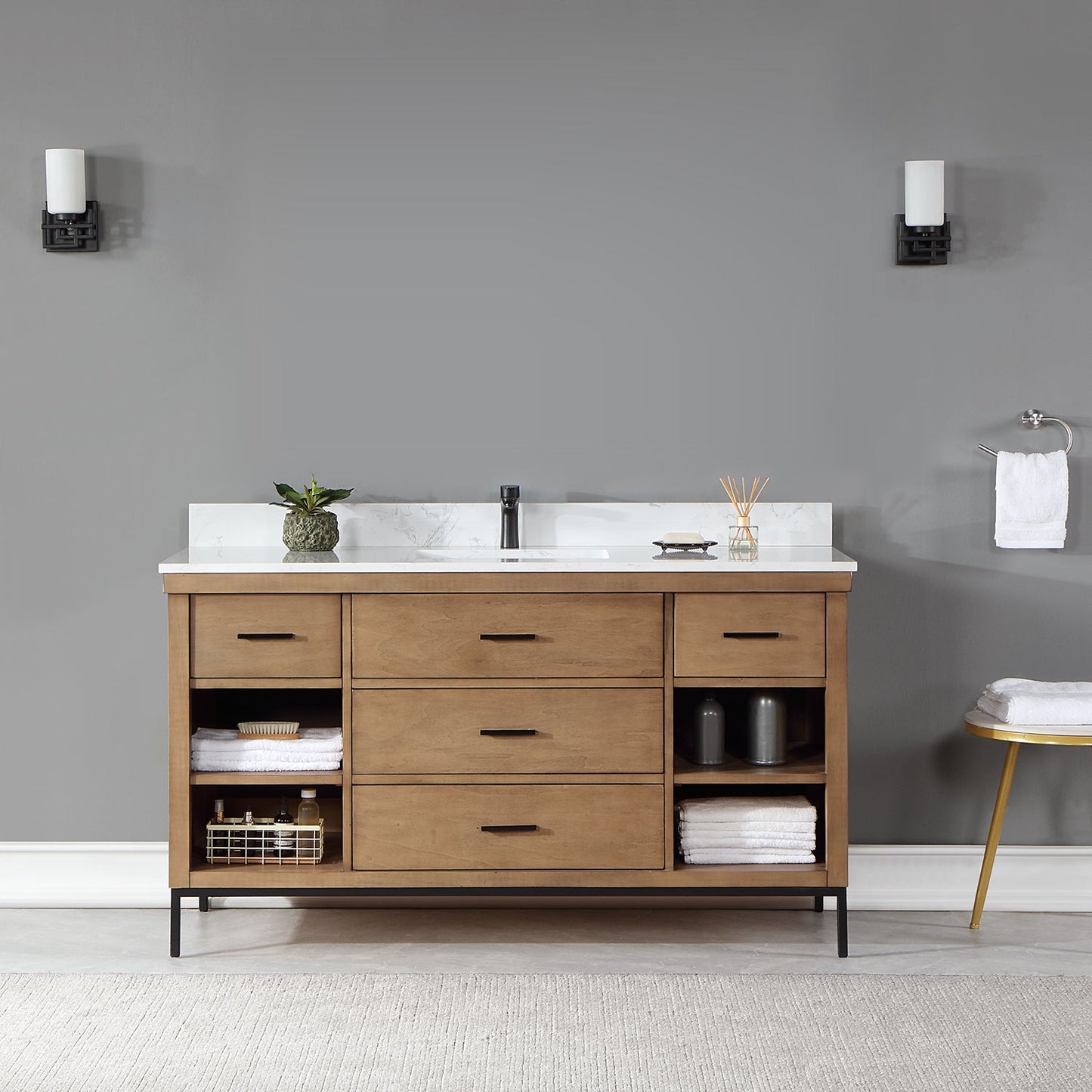 Kesia 60" Single Bathroom Vanity Set in Brown Pine with Aosta White Engineered Stone Countertop without Mirror