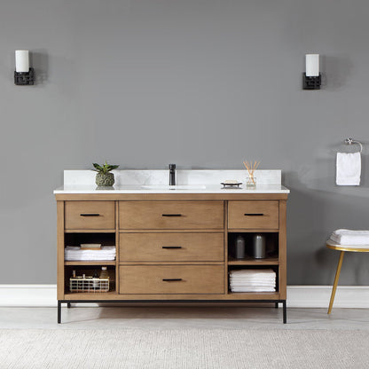 Kesia 60" Single Bathroom Vanity Set in Brown Pine with Aosta White Engineered Stone Countertop without Mirror