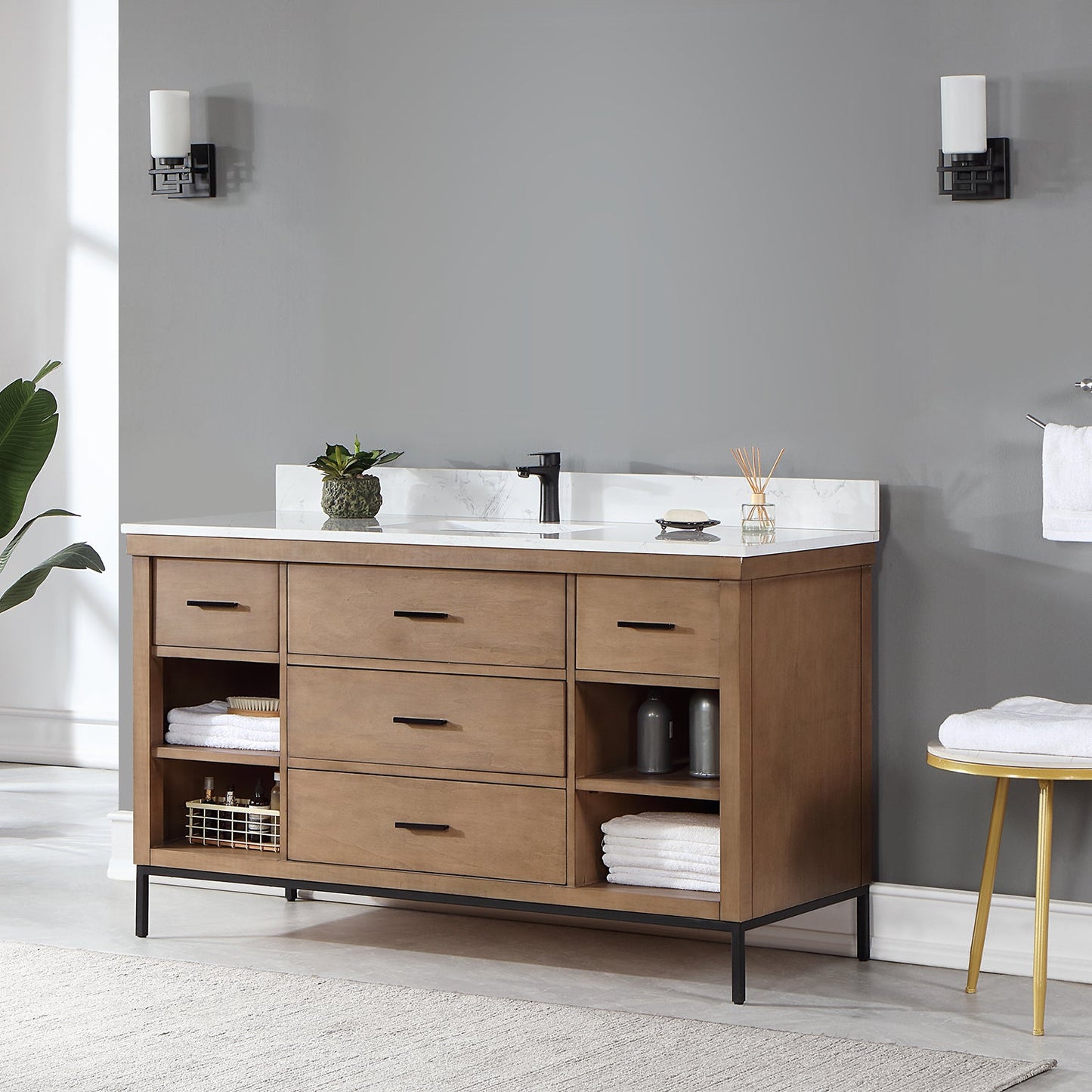 Kesia 60" Single Bathroom Vanity Set in Brown Pine with Aosta White Engineered Stone Countertop without Mirror