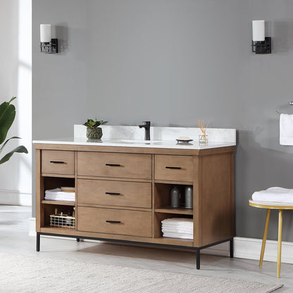 Kesia 60" Single Bathroom Vanity Set in Brown Pine with Aosta White Engineered Stone Countertop without Mirror
