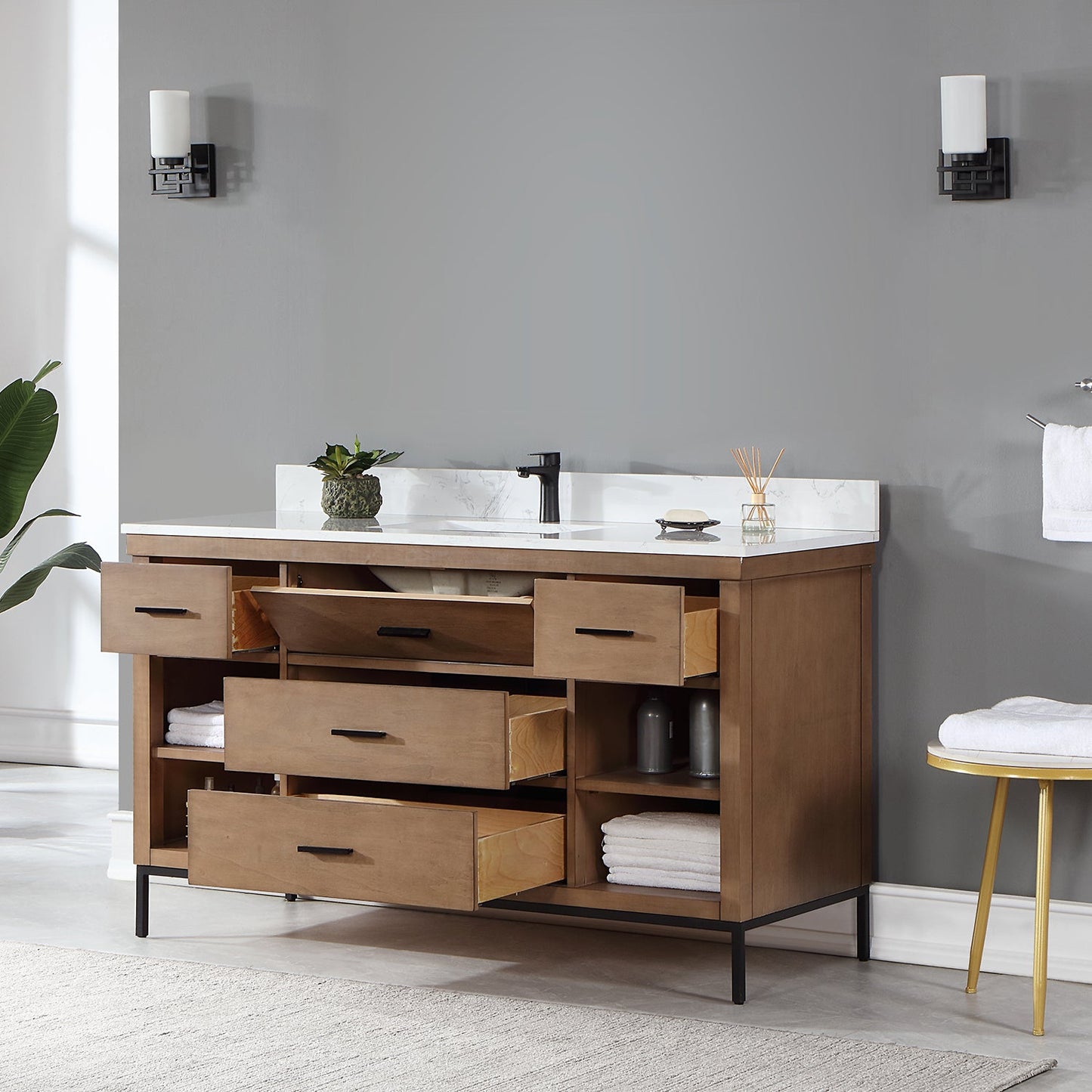 Kesia 60" Single Bathroom Vanity Set in Brown Pine with Aosta White Engineered Stone Countertop without Mirror