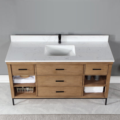 Kesia 60" Single Bathroom Vanity Set in Brown Pine with Aosta White Engineered Stone Countertop without Mirror