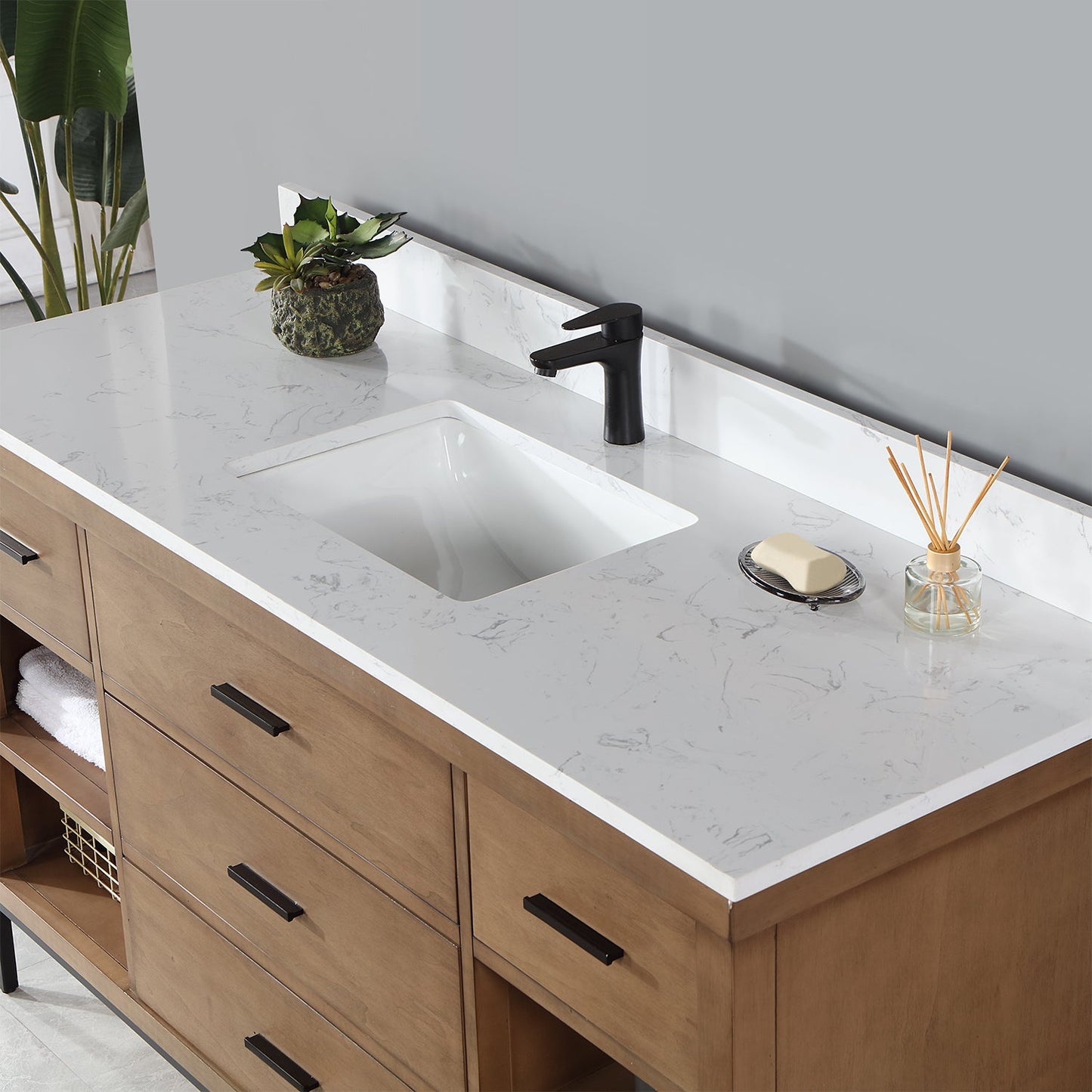 Kesia 60" Single Bathroom Vanity Set in Brown Pine with Aosta White Engineered Stone Countertop without Mirror