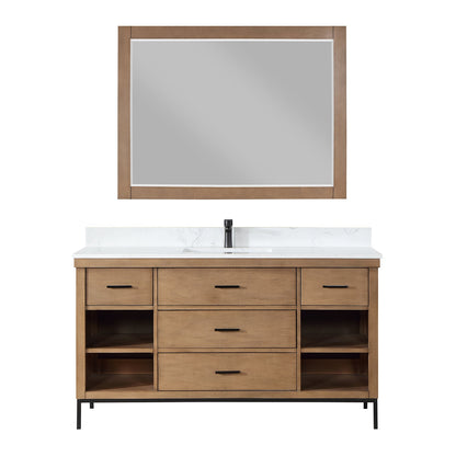 Kesia 60" Single Bathroom Vanity Set in Brown Pine with Aosta White Engineered Stone Countertop with Mirror
