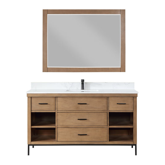 Kesia 60" Single Bathroom Vanity Set in Brown Pine with Aosta White Engineered Stone Countertop with Mirror