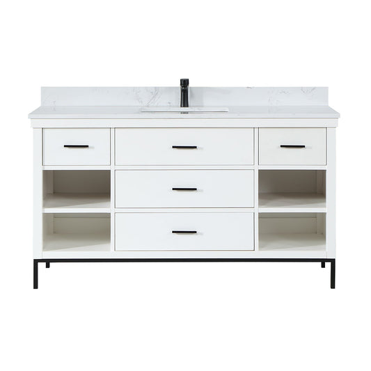 Kesia 60" Single Bathroom Vanity Set in White with Aosta White Engineered Stone Countertop without Mirror