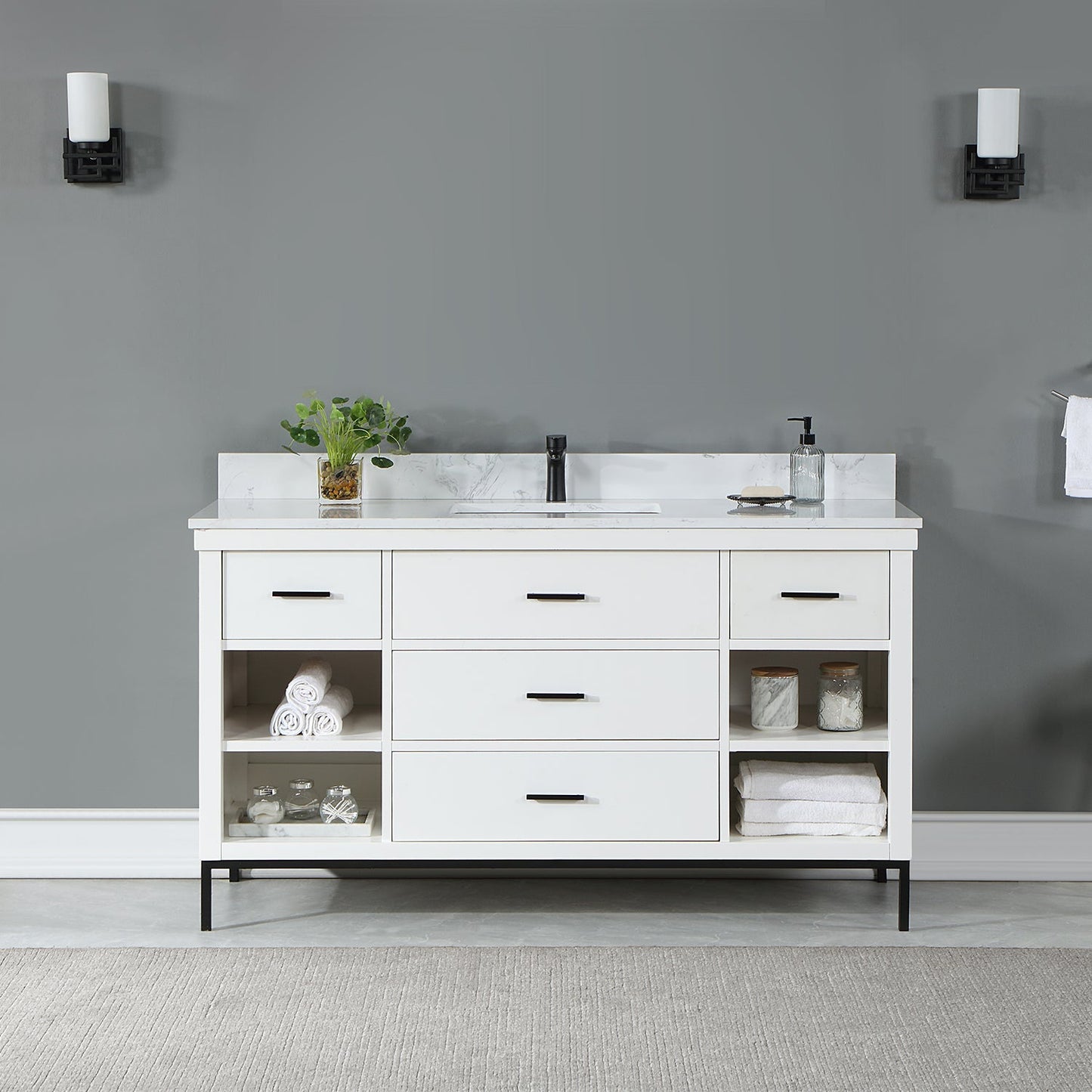 Kesia 60" Single Bathroom Vanity Set in White with Aosta White Engineered Stone Countertop without Mirror