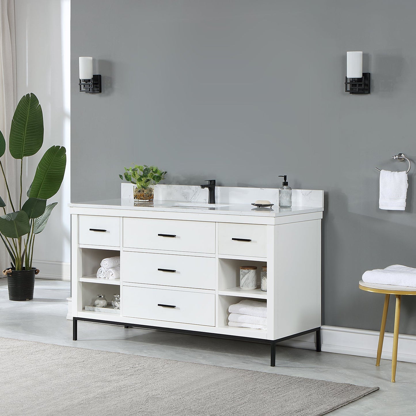 Kesia 60" Single Bathroom Vanity Set in White with Aosta White Engineered Stone Countertop without Mirror