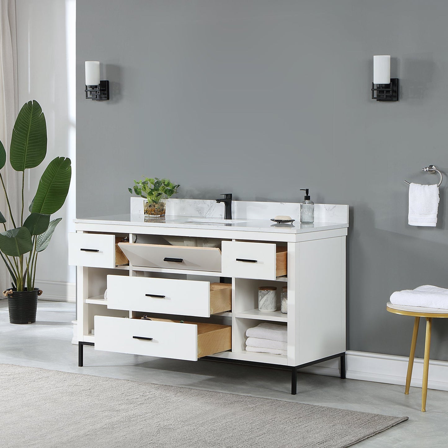 Kesia 60" Single Bathroom Vanity Set in White with Aosta White Engineered Stone Countertop without Mirror