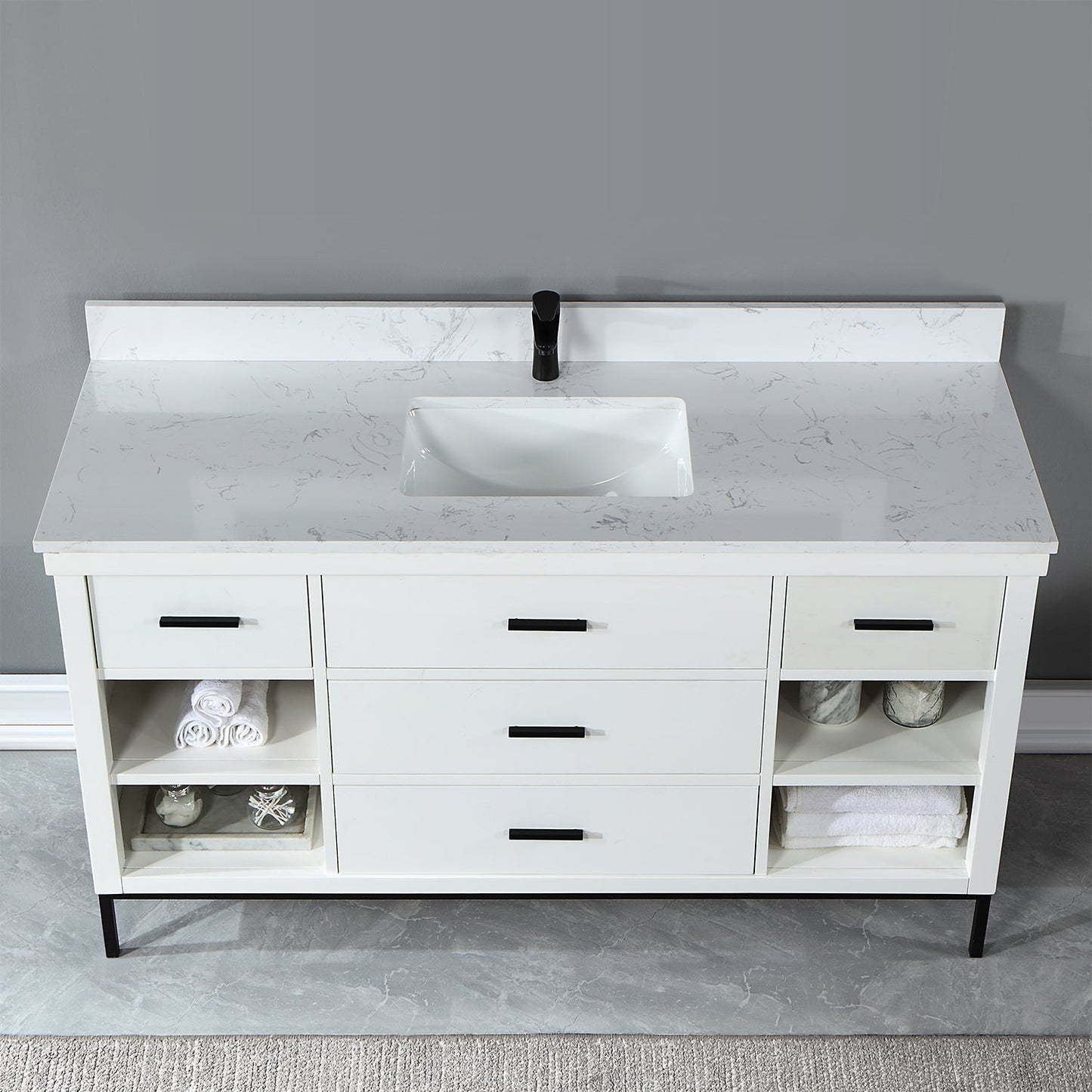 Kesia 60" Single Bathroom Vanity Set in White with Aosta White Engineered Stone Countertop without Mirror