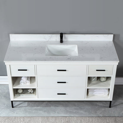 Kesia 60" Single Bathroom Vanity Set in White with Aosta White Engineered Stone Countertop without Mirror