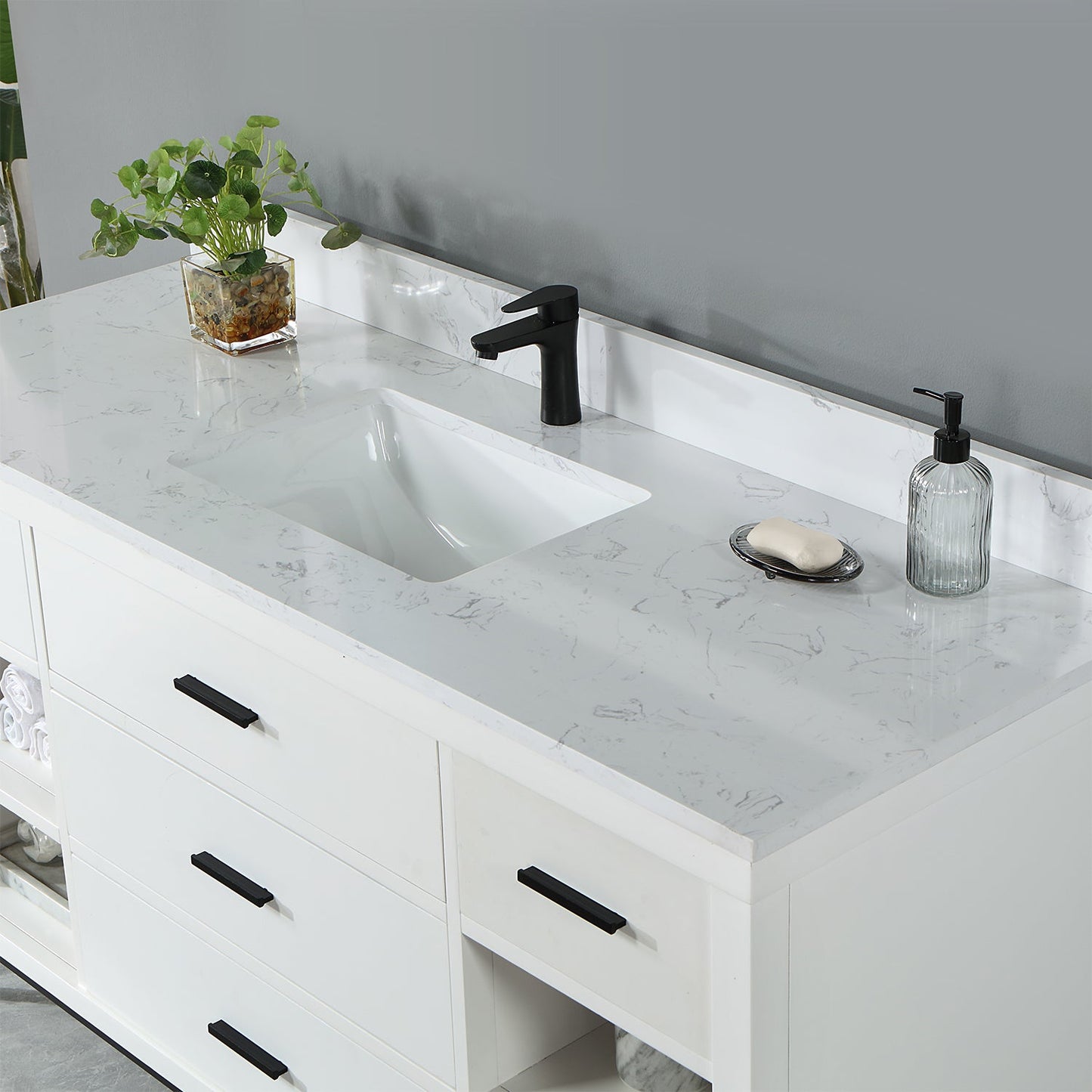 Kesia 60" Single Bathroom Vanity Set in White with Aosta White Engineered Stone Countertop without Mirror